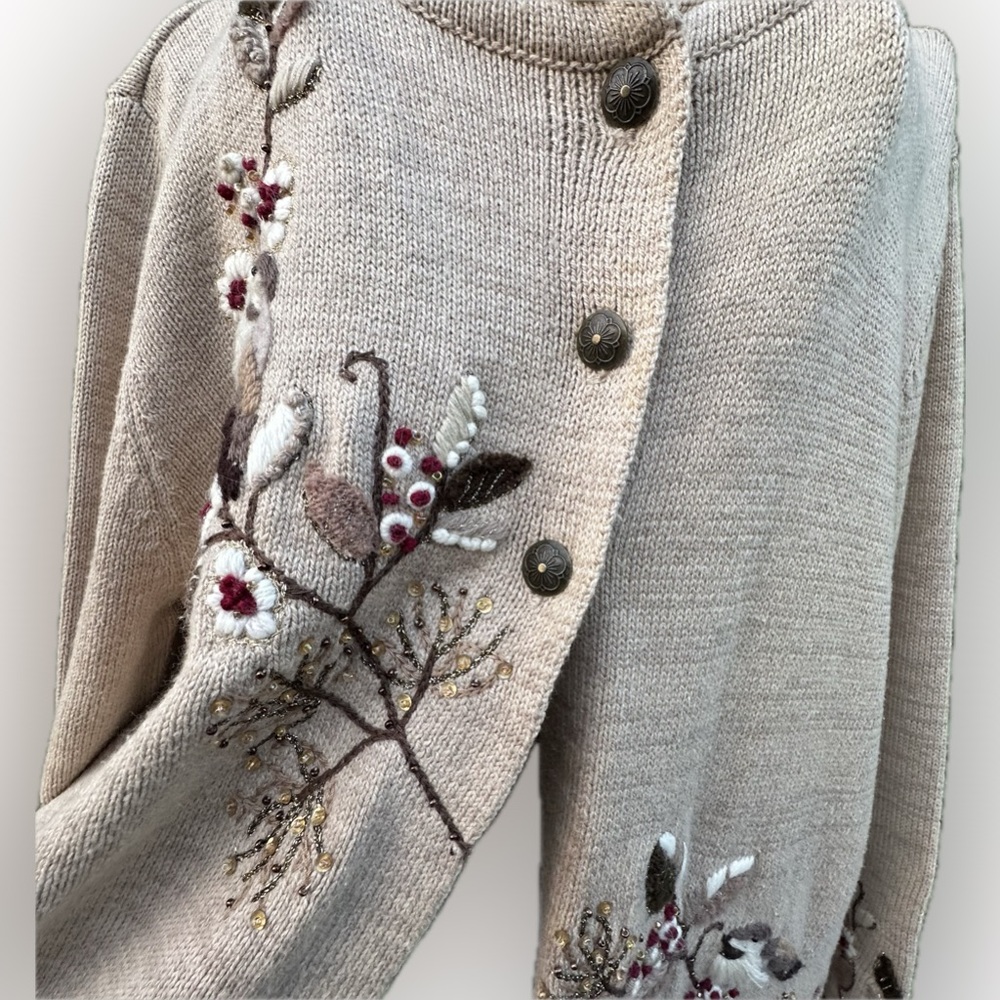 Coldwater Creek Beige Cardigan Floral Embroidery Cottagecore Cabincore. Sz L - Picture 6 of 16